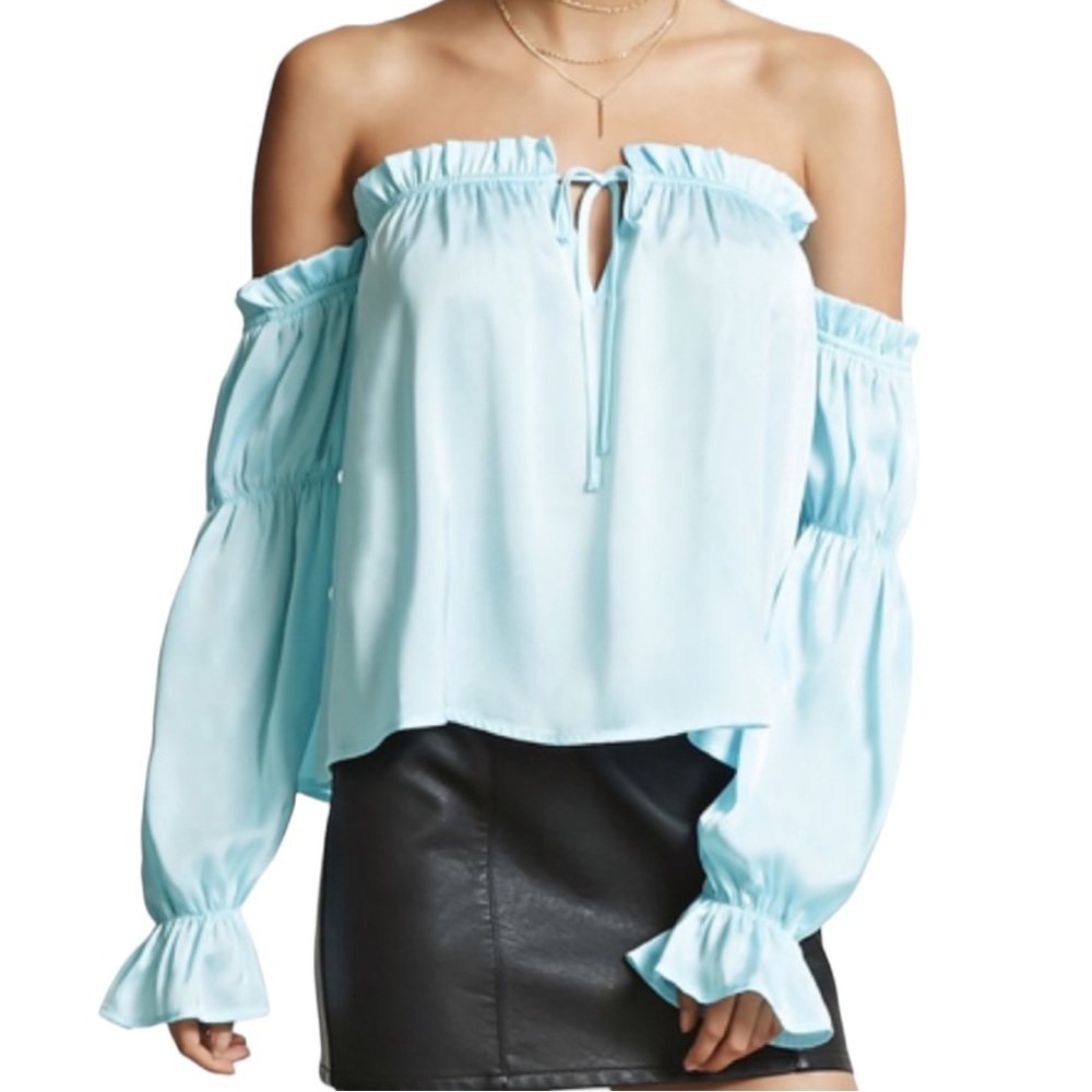 Satin Ruffle Off-Shoulder Tie Peasant Blouse EUC M